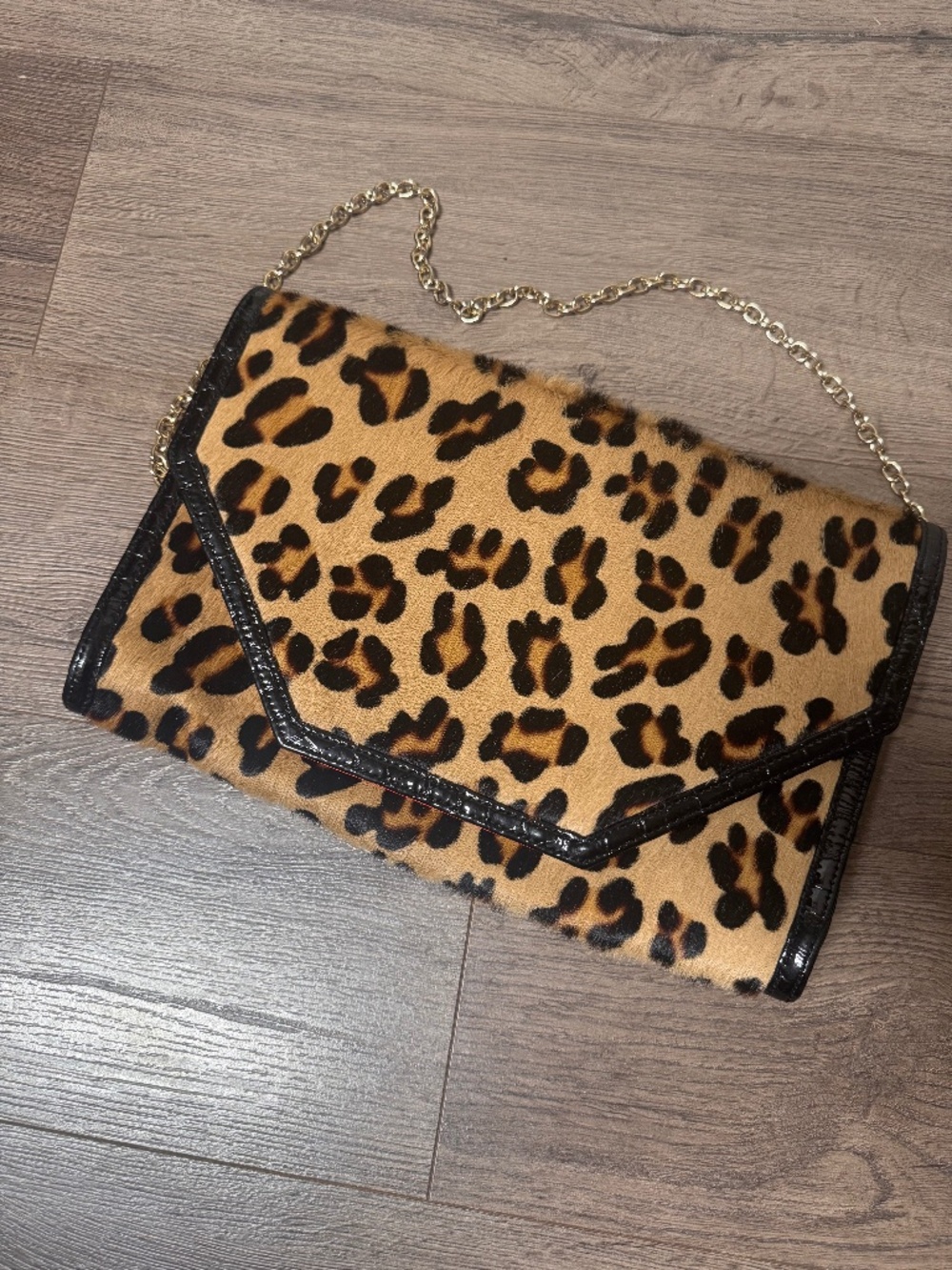 Chico’s Black Label Calf Hair Leopard Print Envelope Clutch